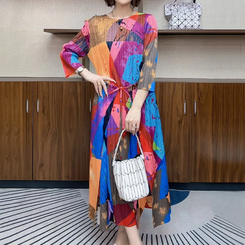 

MIYAKE Pleated Geometric Print Long-sleeved Dress Temperament Autumn Advanced New Print Fashion Loose Elegant High Quality