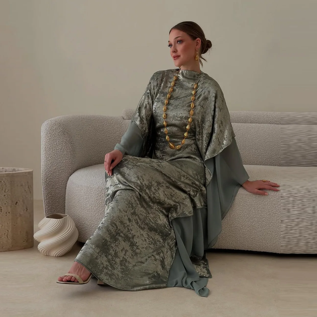 Turkey Arabic Muslim Fashion Women Chiffon Elegant Loose Fit Casual Luxury Trendy Long Sleeve Stand Collar Abaya Dress Female