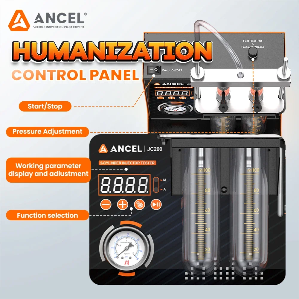 Dual Channel Fuel Injector Tester ANCEL JC200 2 Cylinder Injection Test Tool Built in Air Pump 12V for Car and Motorcycle