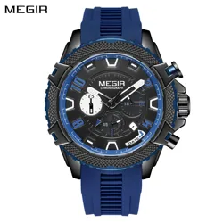 MEGIR Chronograph Fashion Men Military Sport Wristwatches Large Dial Quartz Watches for Man Gift Silicone Strap Auto Date Clock