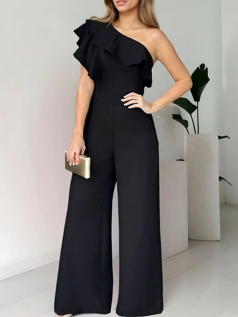 New hot  selling  Shaping One-Piece Jumpsuit Women's Plain Single Shoulder Ruffle European Style Fashion