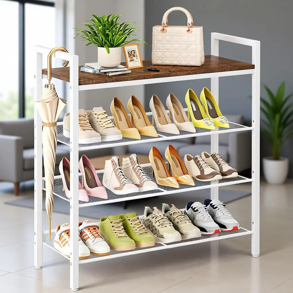 

4-Tier Entryway Shoe Organizer, Holds 12-16 Pairs, Metal Rack, Suitable for Closet, Garage, Outdoor (White & Beige)