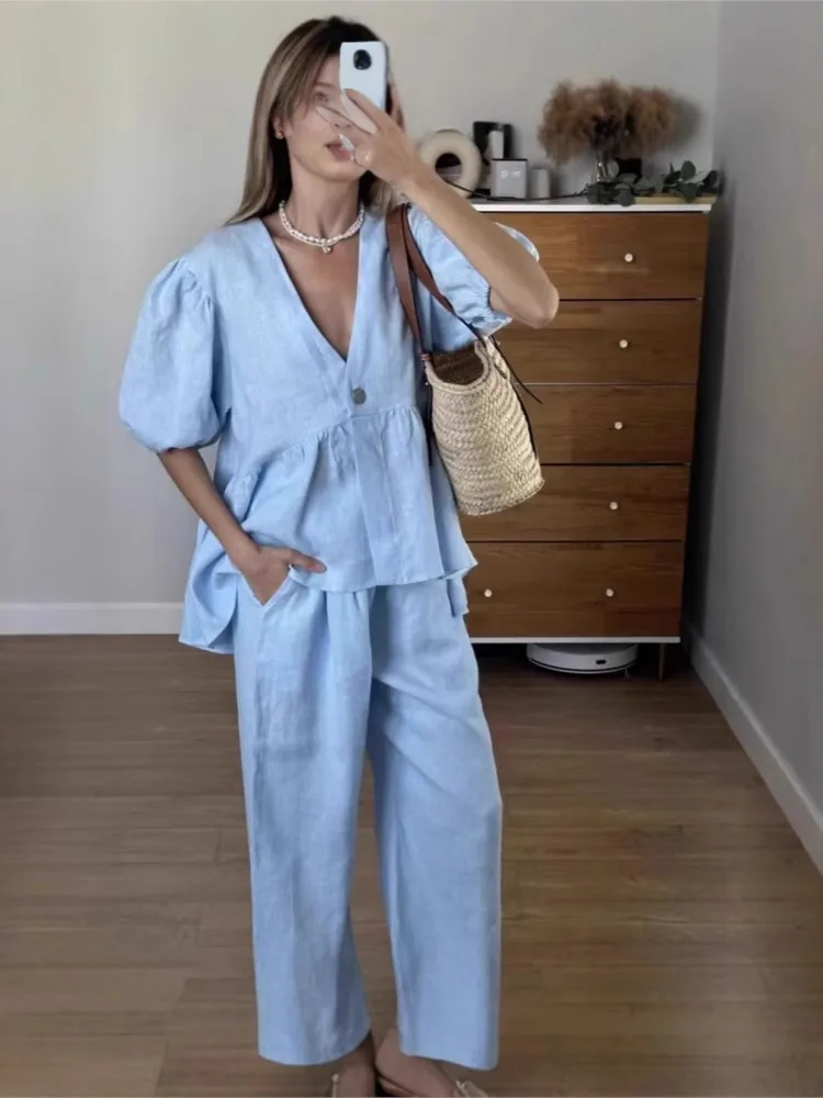 Cotton V-neck Bubble Short Sleeved Button Up Vest Top Pants Two-piece Set French Sweet Solid Color Lace Up Casual Pants Set
