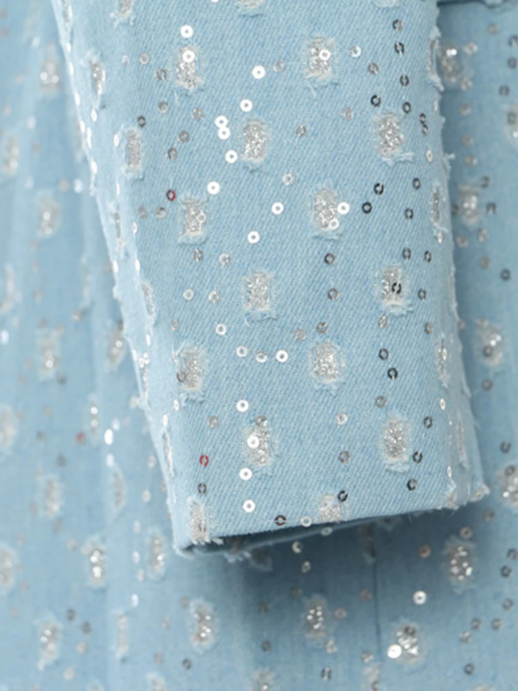 Women Jacket Blue Denim Sequins Big Size Thick Long Blazer New Lapel Long Sleeve Jacket Fashion Tide Spring Autumn New2025пиджак