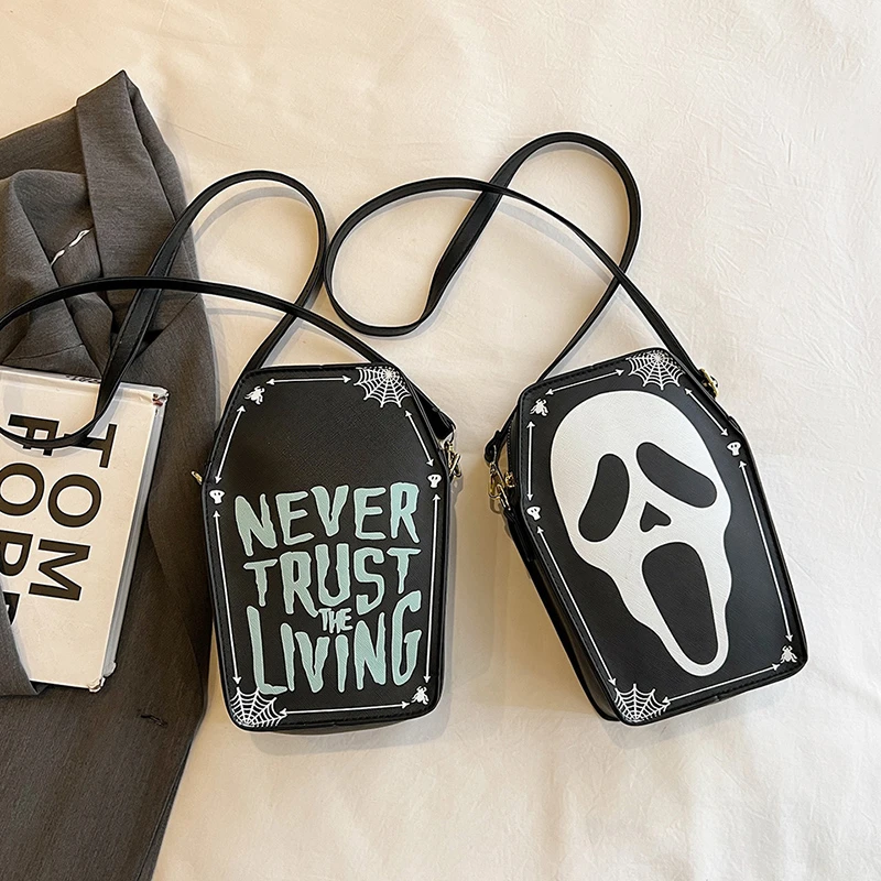 

Novelty Scary Horror Style Halloween Crossbody Bags Coffin Shape Punk Ghost Face Ladies Shoulder Purse for Cellphone