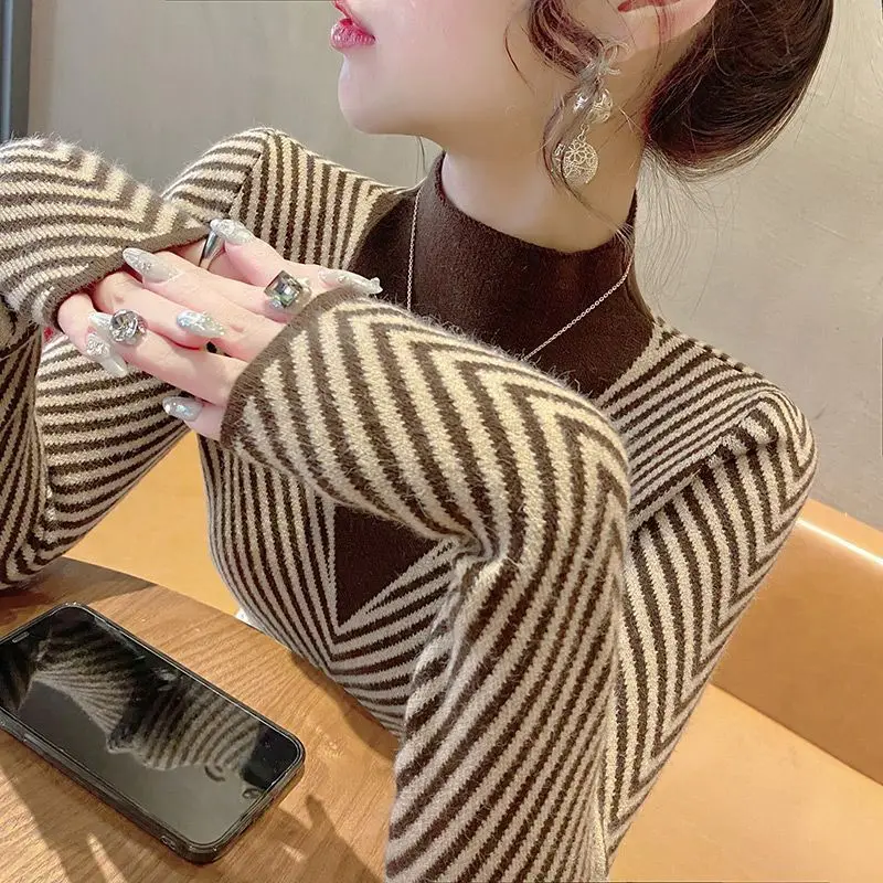 Women\'s Clothing Autumn Winter Pullover Half High Collar Striped Contrast Color Long Sleeve Sweater Knitted Casual Elegant Tops