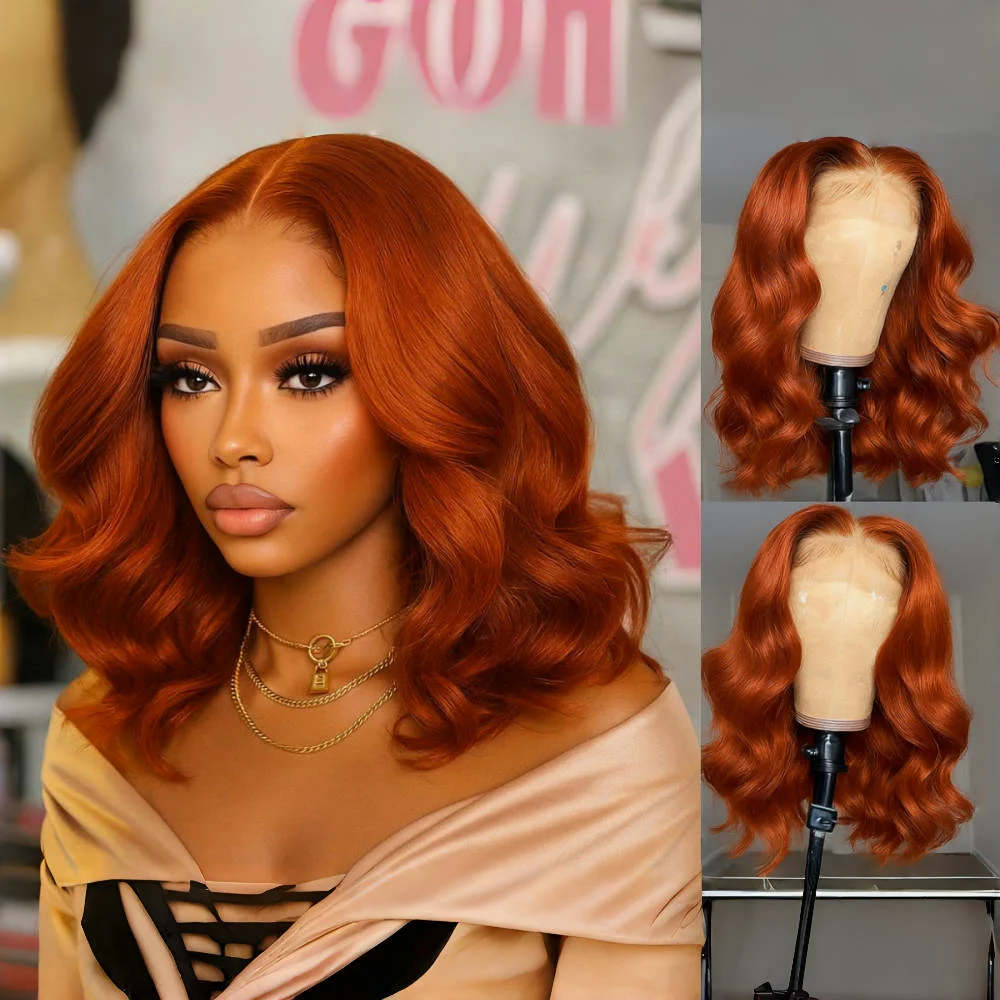 180 密度のブラジル人毛ウィッグ # 350 ジンジャーオレンジ人毛ウィッグ 4x4 HDレースボブ ボディウェーブ クロージャーウィッグ 生え際処理済み 女性用