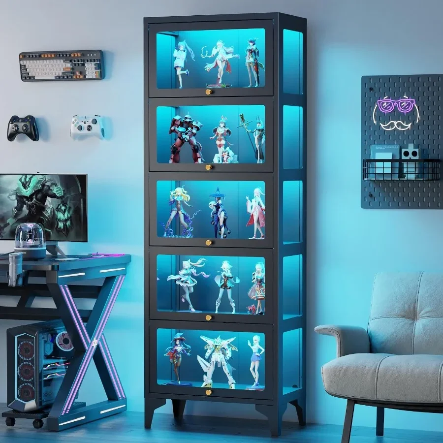 Glass display cabinet with LED lights for living room, tempered glass and wood, black, adjustable shelves and soft-close doors