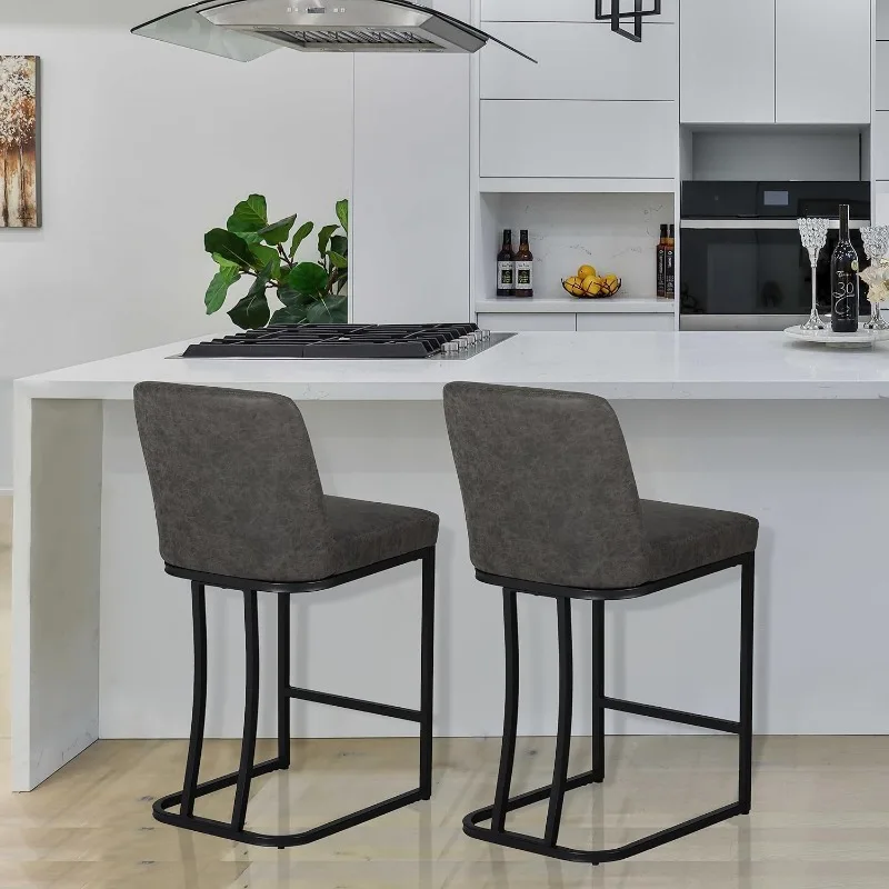 Black Counter Height Bar Stools Set of 2 for Kitchen Counter 24 Inch Faux Leather Upholstered Barstools with Back Modern