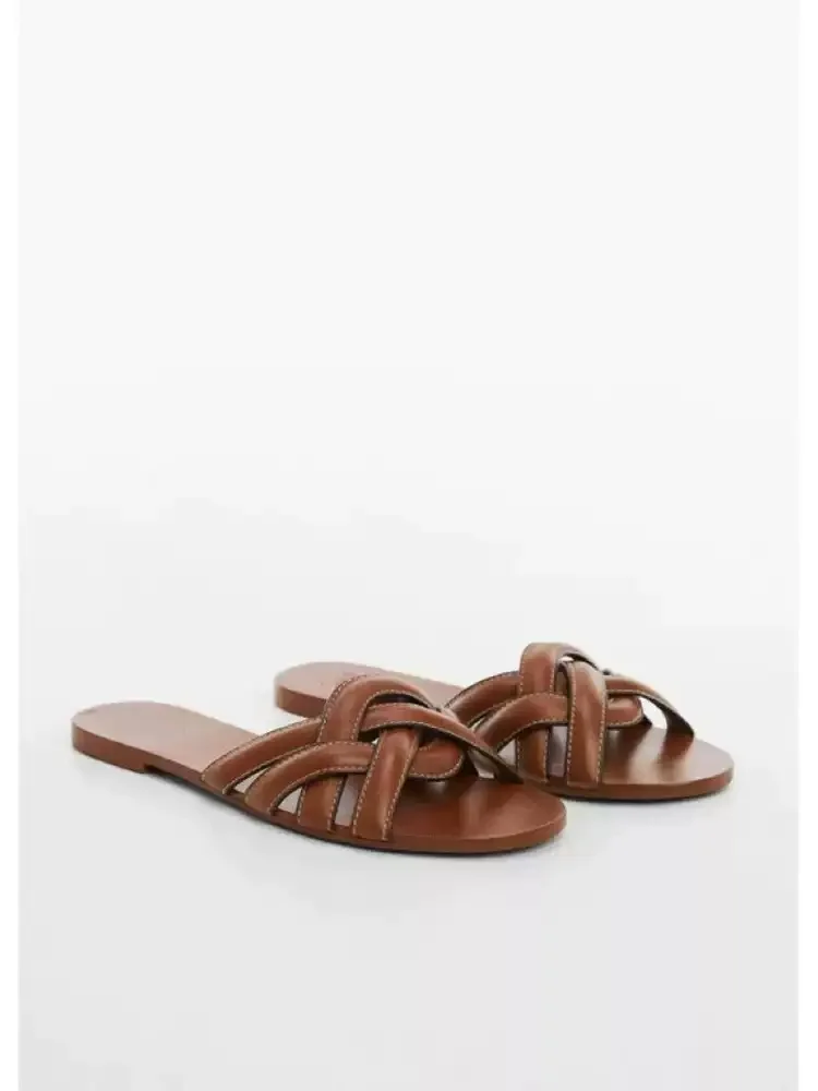Vintage Brown Woven Crisscross Strap Slide Sandals Slip On Flat Leather Mules Ladies Daily Office Soft Summer Casual Footwear