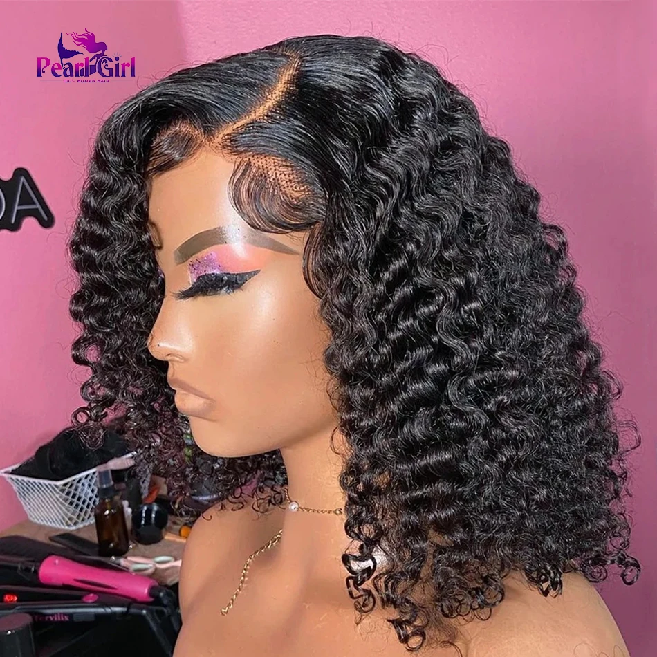 Cheap Deep Wave Bob Human Hair Wig 200 Density 13x4 Transparent Curly Lace Frontal Wig 16 inch Pre Plucked For Black Women