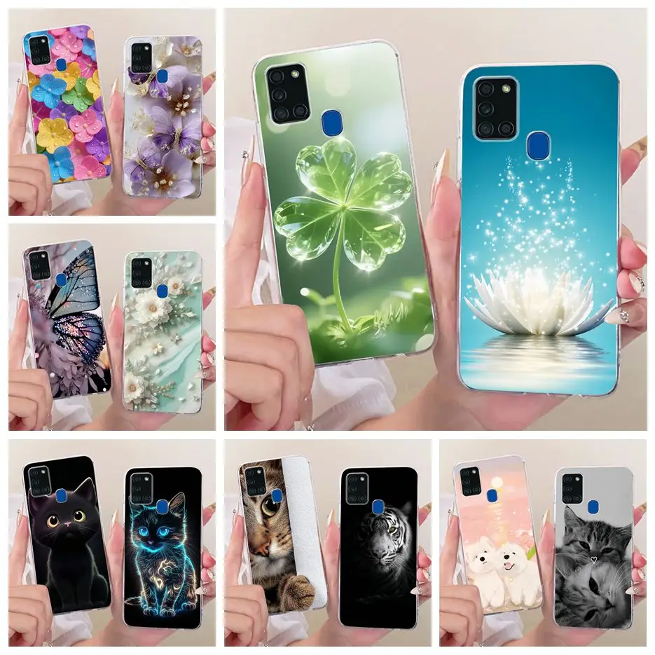 For Samsung Galaxy A21s Case SM-A217F Luxury Leaf Lotus Painted Cover Soft Silicone Case For Samsung A21s A 21 s GalaxyA21s Bags