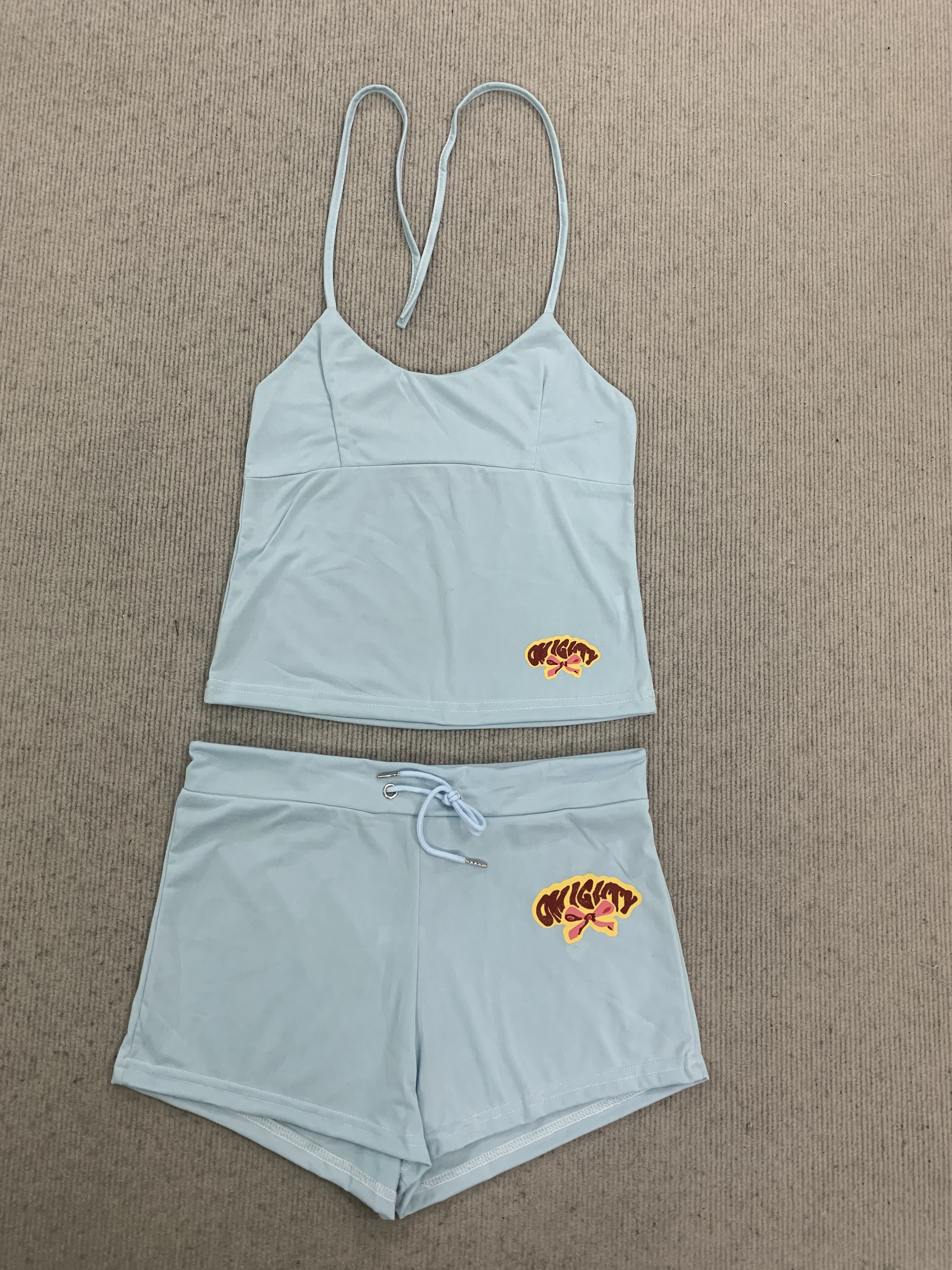 

American Sweetheart Hot Girl Style Hanging Neck Print Two Piece Set Summer Hot Girls Hanging Neck Tank Top Drawstring Shorts Set