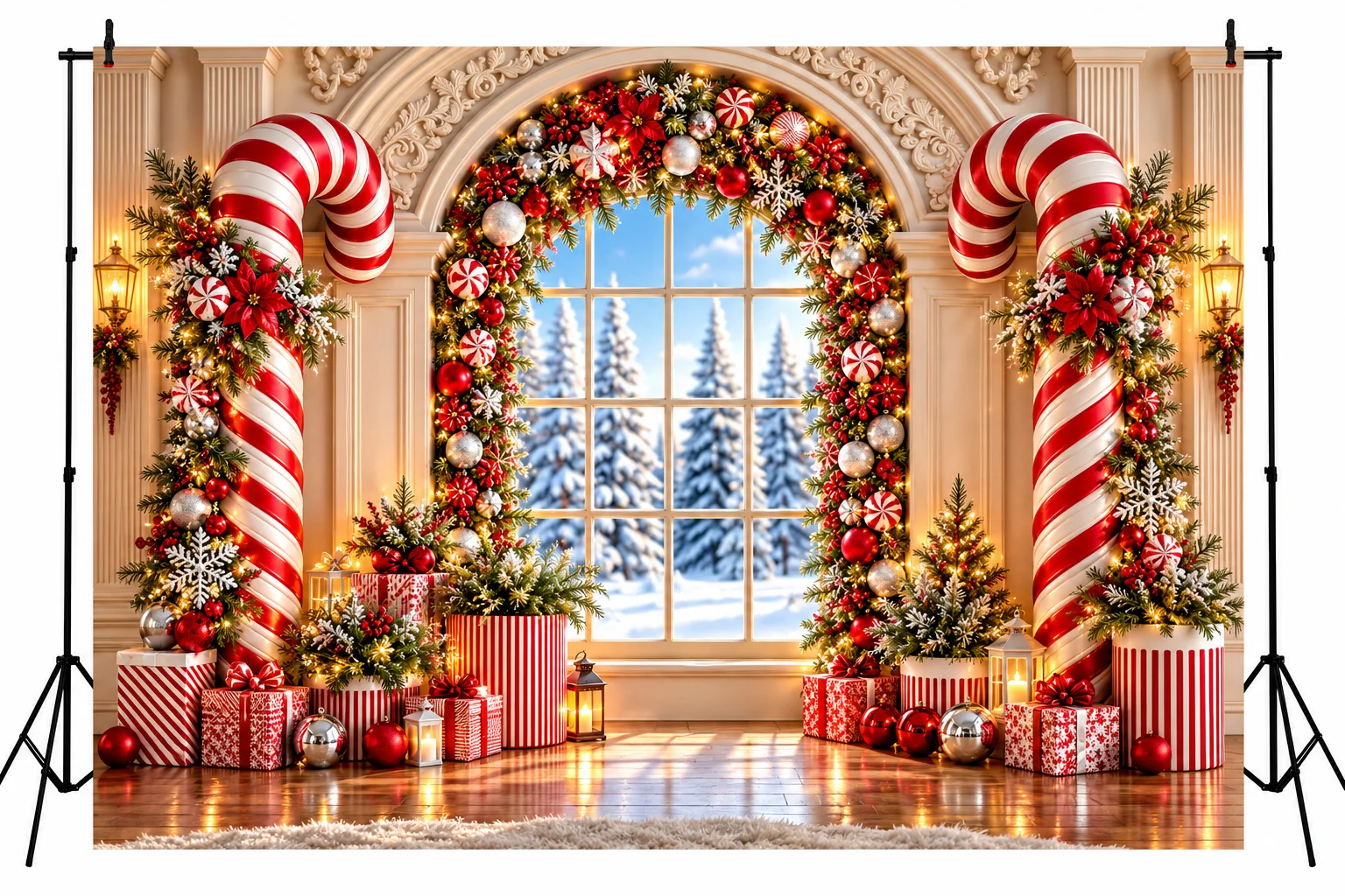 Christmas Candy Cane Backdrop Red White Peppermint Holiday Window Garland Gift Boxes Winter Wonderland Photography Party Decor