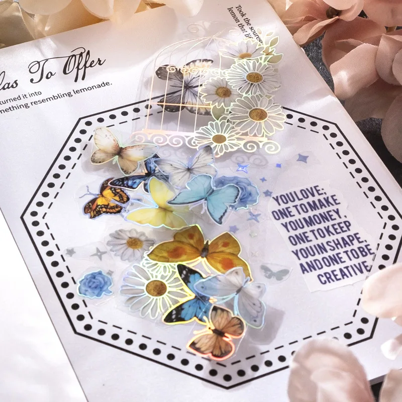 2 Sheets/pack PET Stickers Spirit Cage Butterfly Dream Birdcage Flowers Theme Laser DIY Handbook Collage Decorative Stickers