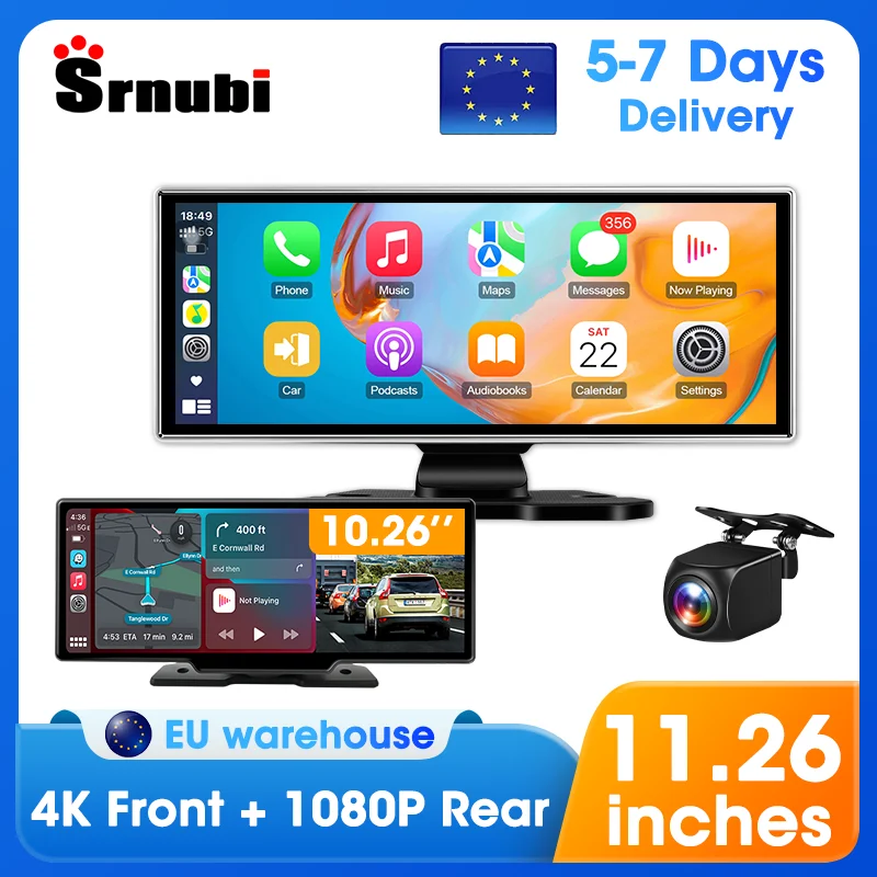 Srnubi 10.26/11.26 Inch Dash Cam 4K CarPlay Android Auto Car DVR 5G WIFI Dashcam GPS Navigation Video Recorder Rearview Camera