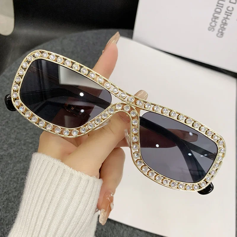 Luxury Brand Designer Rectangle Diamond Sunglasses Women For Men Popular Vintage Crystal Steampunk Sun Glasses Metal Eyeglasses