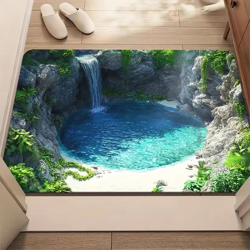 Alfombra de Entrada con Diseño de Lago Tropical y Cascada, Realista Escena de Piscina en la Selva, Antideslizante, para Amantes de la Naturaleza y el Aire Libre