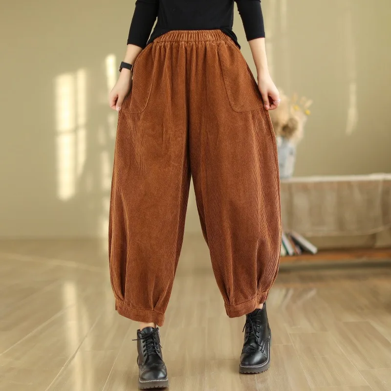 กางเกงฮาเร็มผ้าลูกฟูกสีพื้นสไตล์ญี่ปุ่นและเกาหลี รุ่นใหม่ กระเป๋าใหญ่ ทรงหลวม ใส่ได้หลายโอกาส สำหรับผู้หญิง