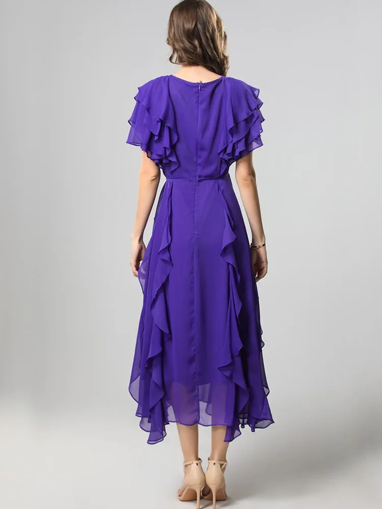 JUNLINNA  Fashion Summer Women Runway Dress V Neck Butterfly Sleeve Ruffles Party Holiday Vestidos Slims