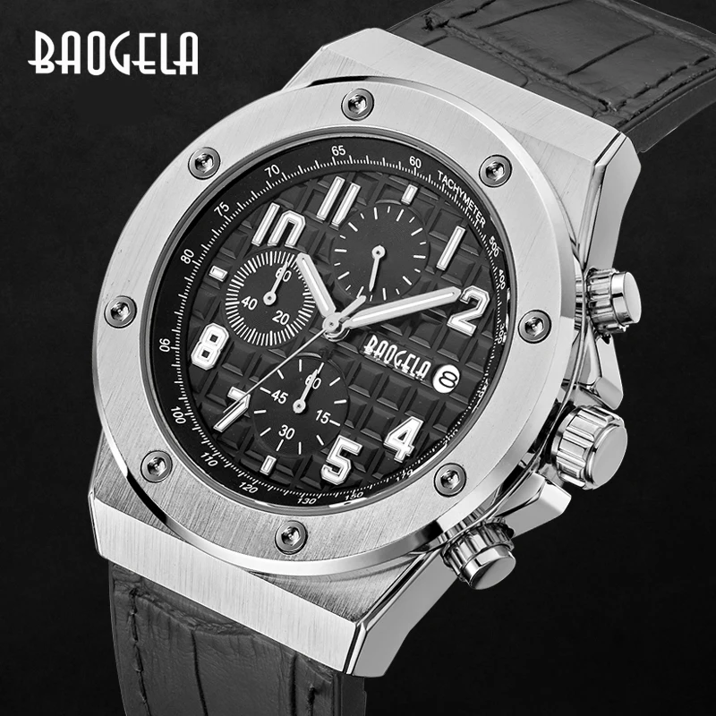 BAOGELA Fashion Watch Men Luxury Timing Watch orologio sportivo da uomo orologio al quarzo indicatore della data del marchio in pelle orologio