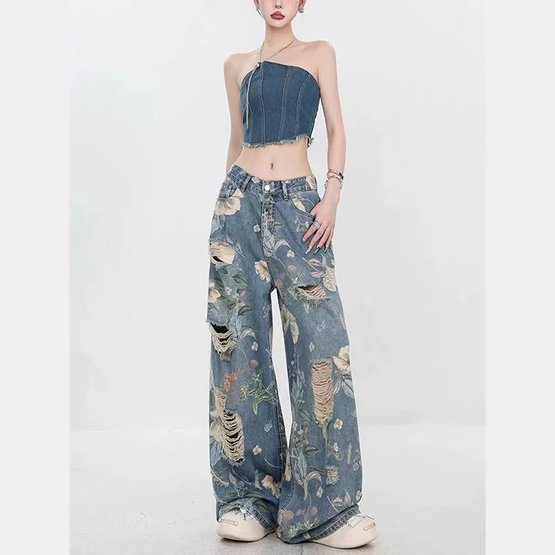 Punk Tattered Y2k Baggy Jeans Women 2024 High Waisted Casual Wide Leg Denim Pants Fashion Streetwear Retro Straight Jeans Femme