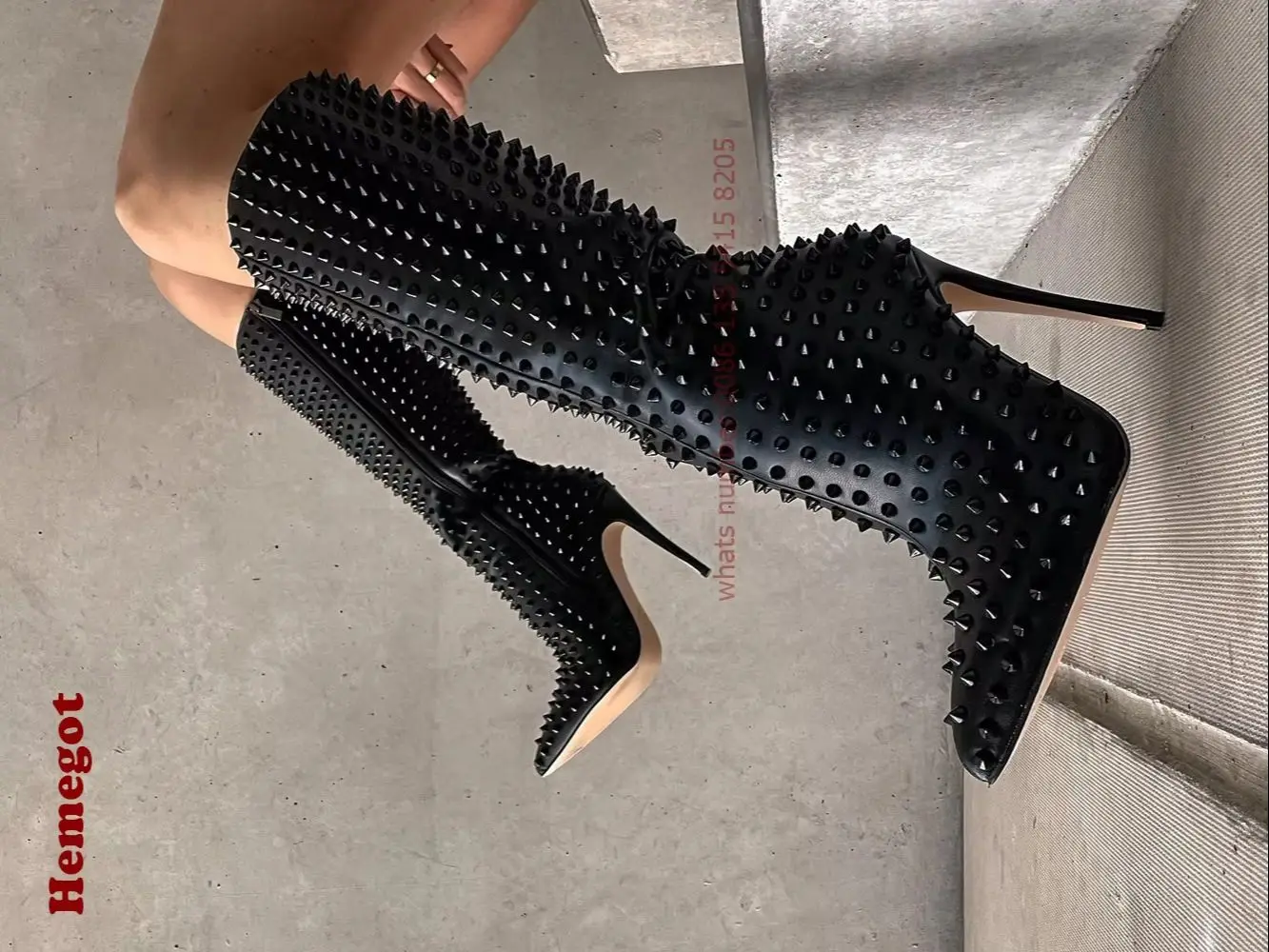 Studded Black Knee High Boots Pointy Stiletto Rivet Women's Boots Winter Side Zipper Leather Gladiator Luxury Shoes Warm Solid