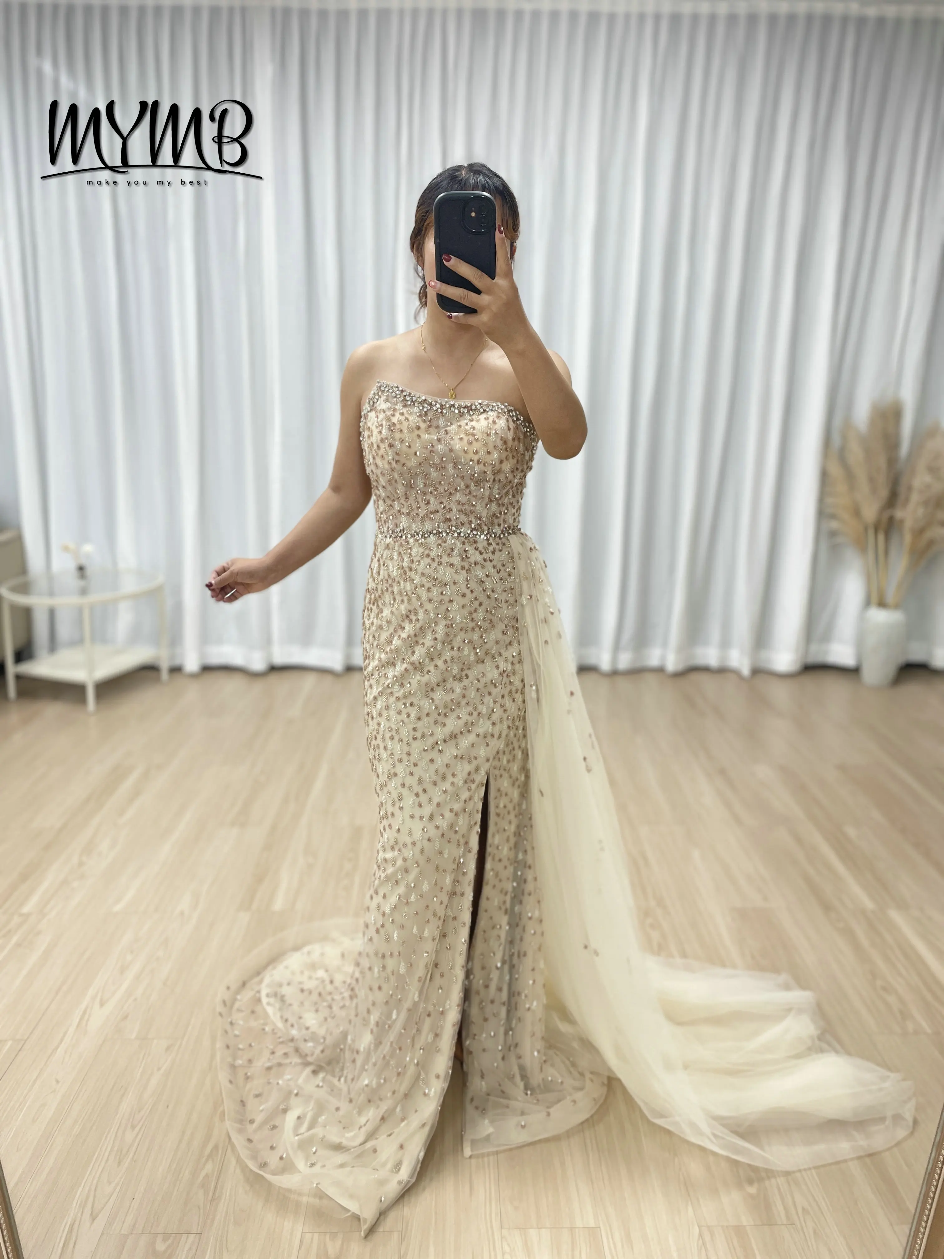 

MYMB Golden Luxury Unique Design Sparkly Beaded Sexy Middle Slit Sleeveless Evening Gown for Banquet With Side Skirt MB40352