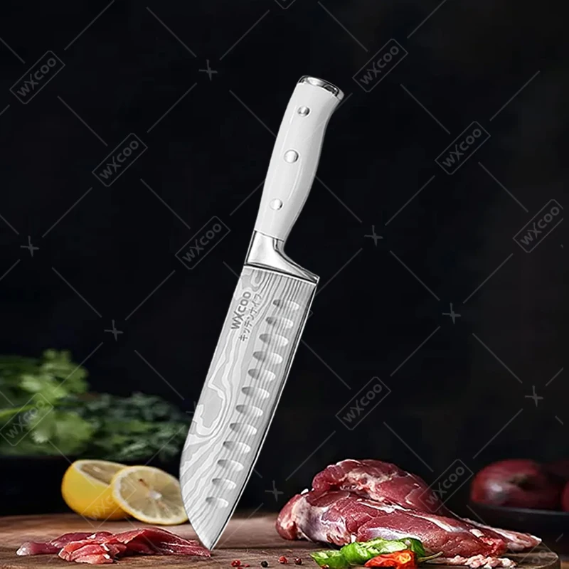WXCOO 1~3PCS Acacia Wooden Cutting Board Damascus Pattern Chef Knife Professional Kitchen Santoku Knife Set Fruit Peeler Thicken