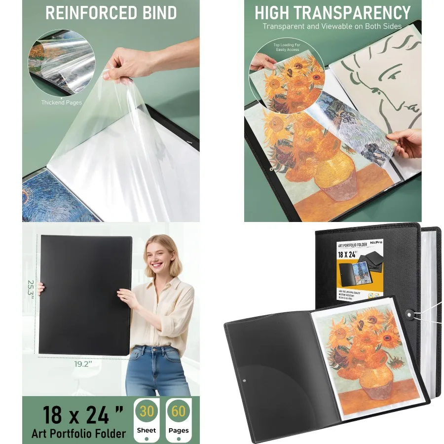 مجلد محفظة فني كبير مقاس 18 × 24 من Nicpro مع 30 جيبًا و60 صفحة، كتاب تخزين يعرضي يتميز بأكمام بلاستيكية شفافة لـ A