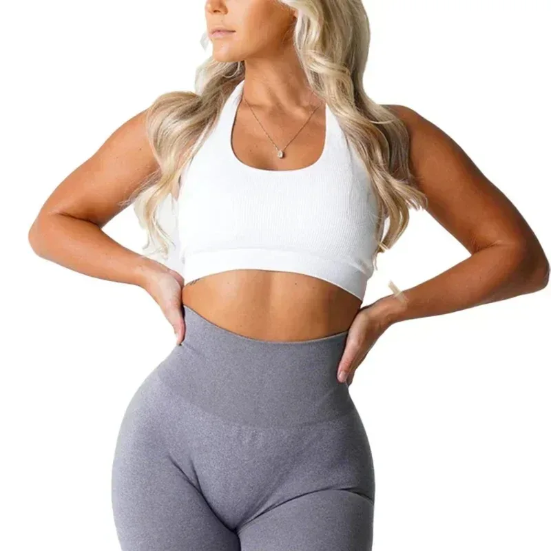 Limitless com nervuras sem costura halter sutiã elastano mulher fitness elástico respirável realce do peito lazer esportes roupa interior