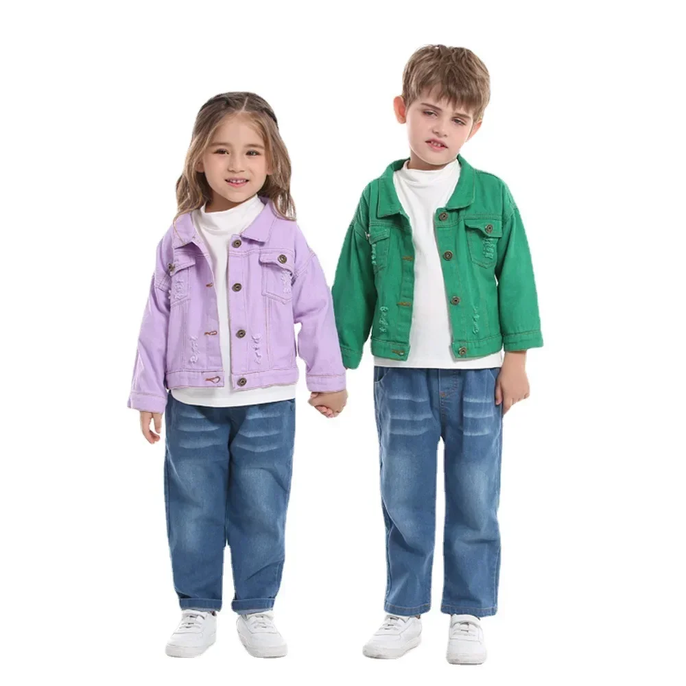 70-140cm Children\'s Denim Coat Spring Autumn Candy Color Unhooded Jeans Jacket Boys Girls\' Cool Jacket Cow Girl Outfit