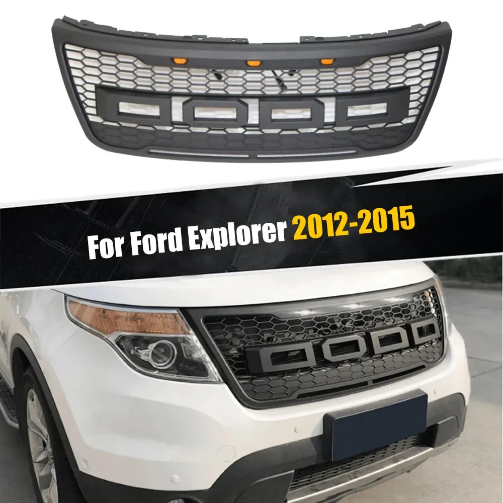 For Ford Explorer 2012- 2015 With LED Lights+Letters Off Road Car Parts ABS Grey Black Front Upper Bumper Grille Grill