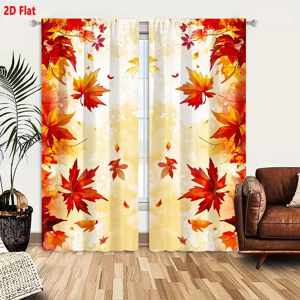 2Pcs Curtains 2D Flat Vibrant Symmetrical Autumn Maple Leaves Kaleidoscopic Red Orange Yellow Cream Golden Gradient Bokeh Sparkl