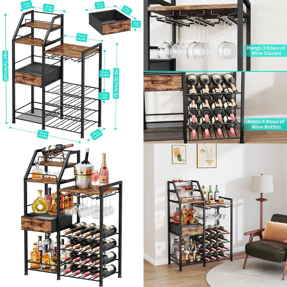 

Многоуровневый напольный шкаф для спиртных напитков с тканевыми ящиками и стеклянными держателями, винтажная витрина для виски для дома