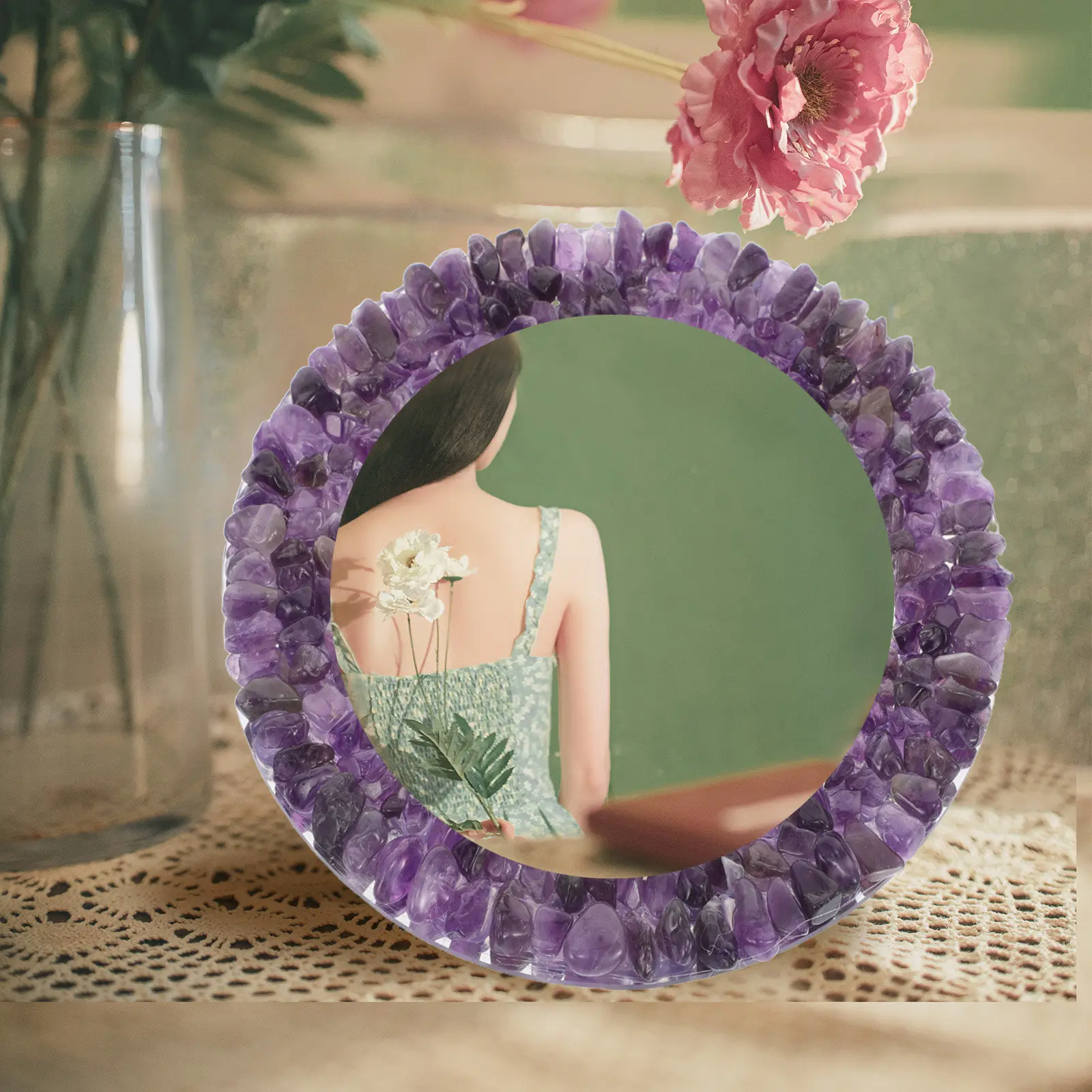 Handcrafted Crystal Embellished Mirror Decorative Tabletop Vanity Mirror for Bedroom Dressing Table Wedding Birthday Gift Bling
