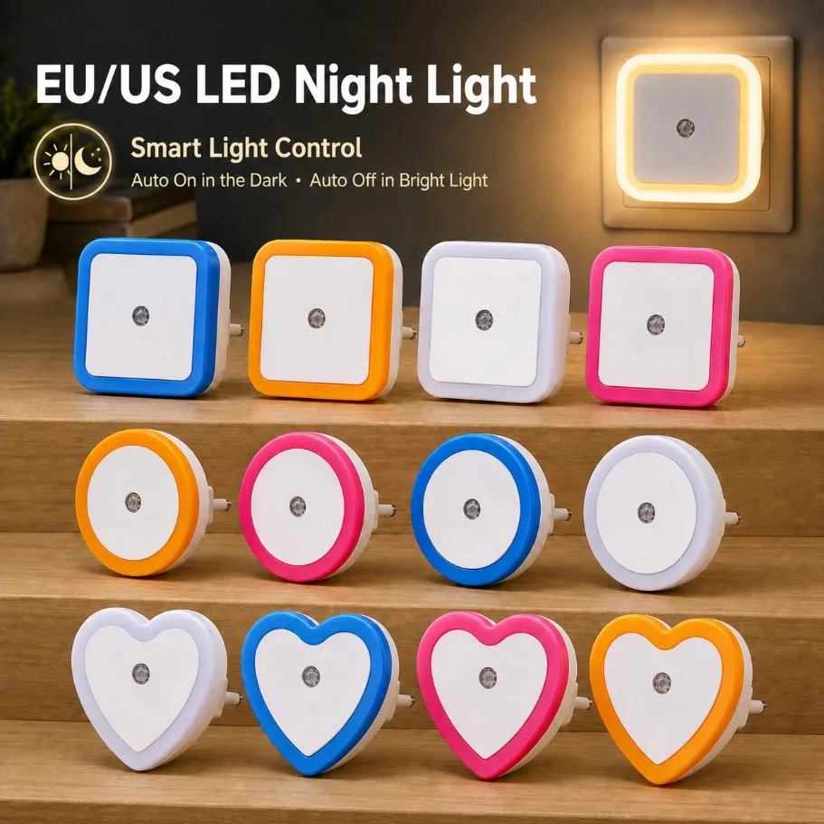LED Night Light EU US Plug Lamp Smart Light Sensor Auto On/Off Square Round Heart Shape Wall Lamp for Bedroom Indoor Night Lamp
