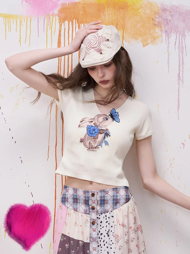 

Slim Fit Short Sleeve V-Neck Knitted Top Women's Fashion Casual Style Patchwork Summer Shirt Stylish Ambitionist Label