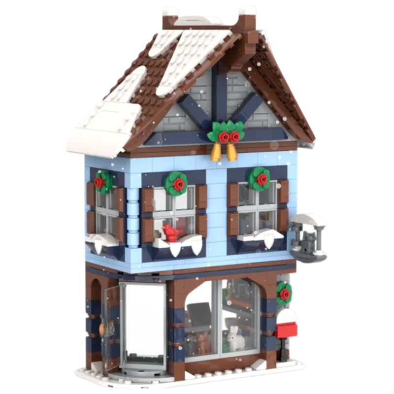 Snowy Village Pet Store Winter Street Building Scene MOC Building Blocks 778 Parts DIY Bricks Desktop Collectible