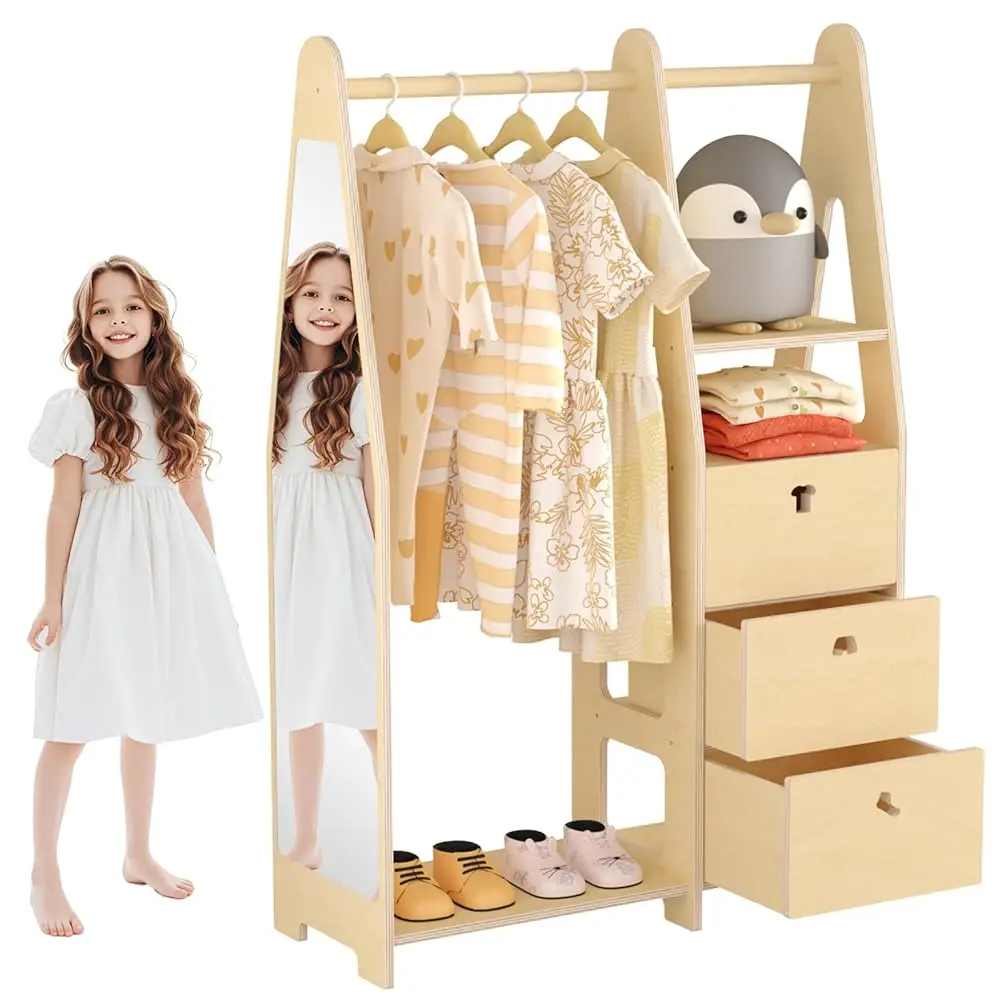 

Kids Dr Up Storage With Mirror, Kids Closet Organizers And Storage With 3 Drawers And Stickers,Open Hanging Kids Armoire