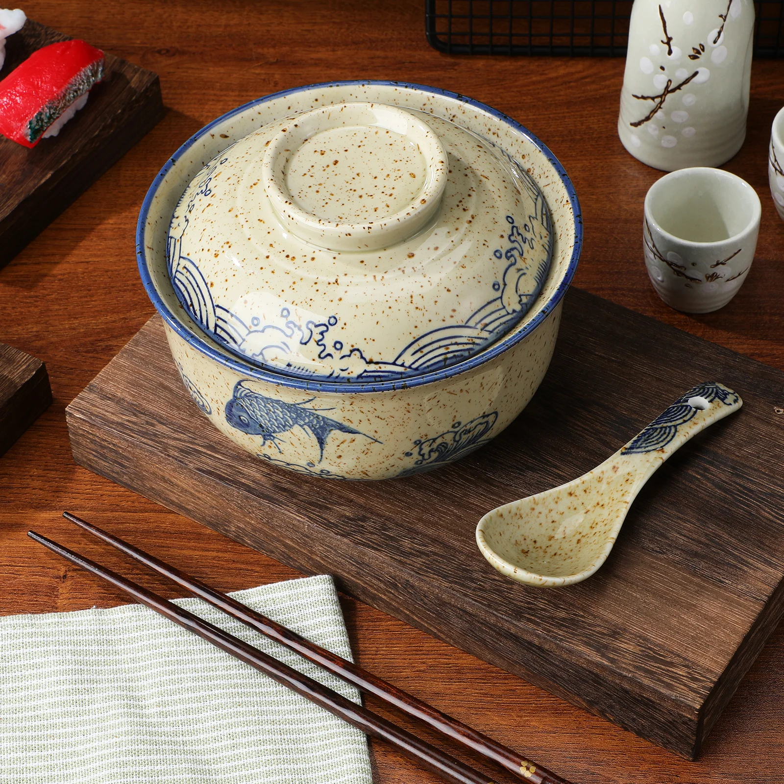 

2 Sets Ceramic Ramen Bowl with Lid Spoon Chopsticks for Soup Rice Noodles Traditional Tableware Microwave Dishwasher Safe 750ML
