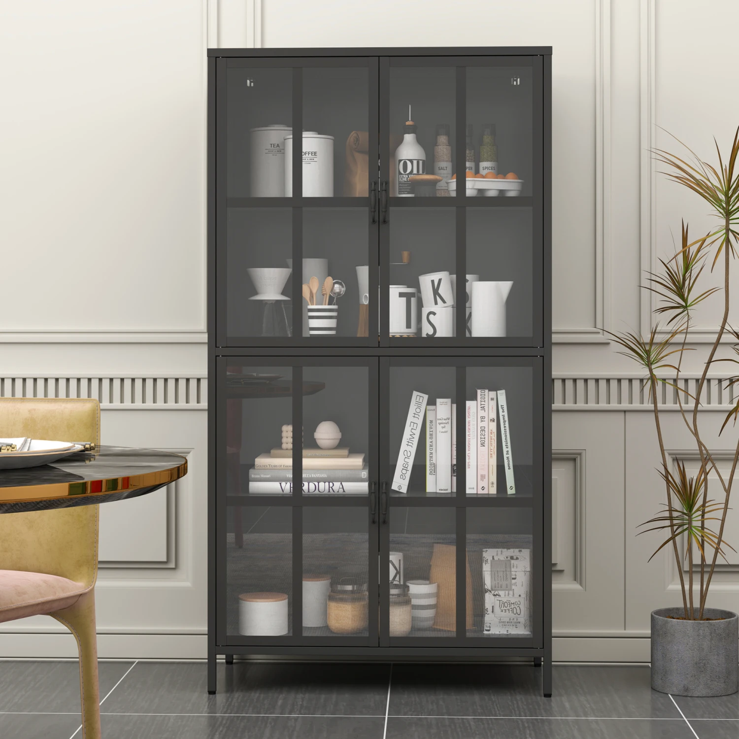 Black Metal Storage Cabinet with Glass Doors, Adjustable Shelves, Anti-Tipping Device, Silent Closure for Home/Office