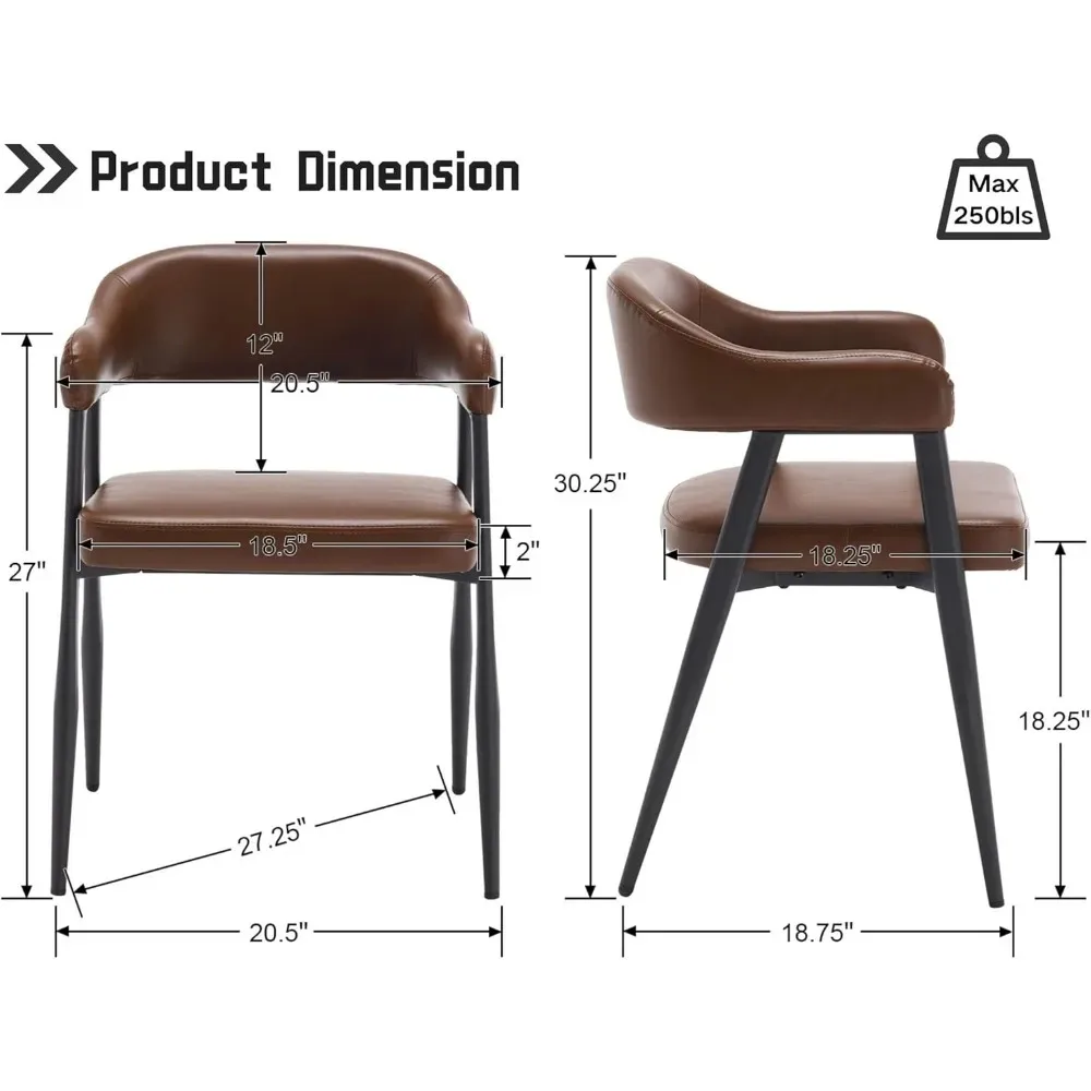 مجموعة كراسي بذراعين لغرفة الطعام الحديثة مكونة من 2، كراسي طعام منجدة من الجلد الصناعي القديم مع أذرع لهجة بنية في منتصف القرن #2