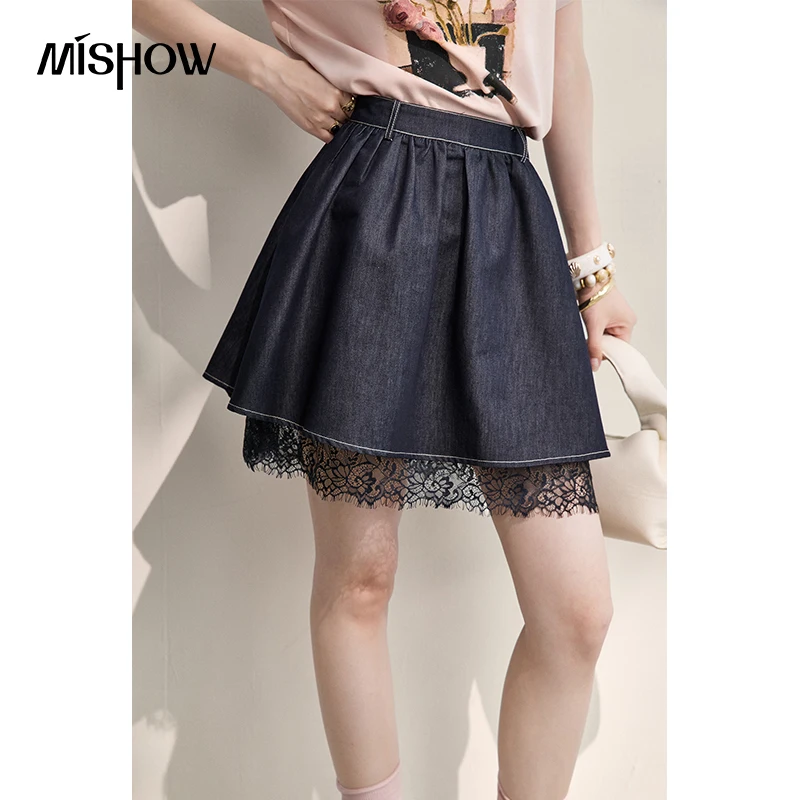 MISHOW Fashion Denim Lace Patchwork Hem A-Line Short Skirt For Women Summer Pleated Slimming Design Retro Skirt MXF27B2542