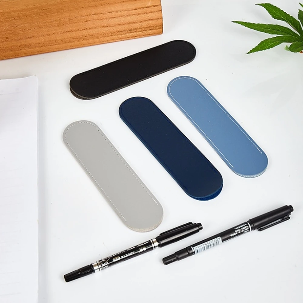 

1pc leather pen case, oval semi-sealed solid color leather pen case pen protection case microfiber soft leather pen case student