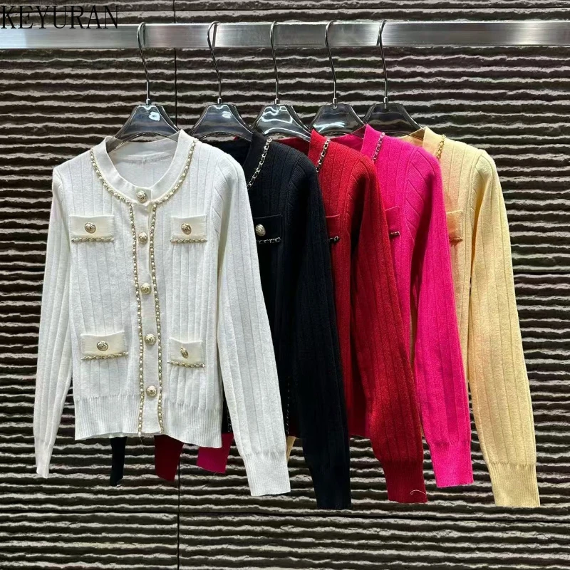 

2026 Spring Autumn O-neck Long Sleeve Knitted Sweater Women's Vintage Chain Metal Buckle Commuter's Knitted Cardigan Female Tops