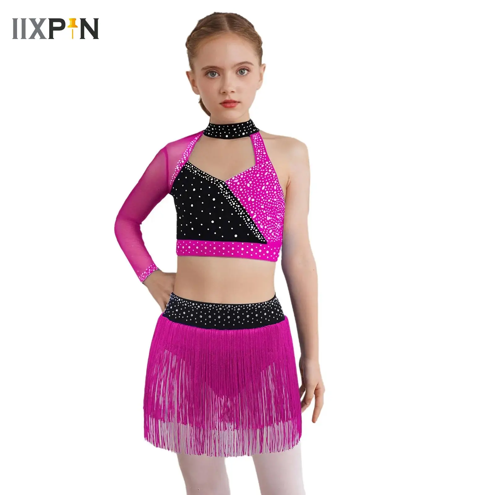 Novas meninas conjunto de dança latina roupas crianças dança latina cor bloco colheita topo + saia franjas cha rumba samba dança prática terno