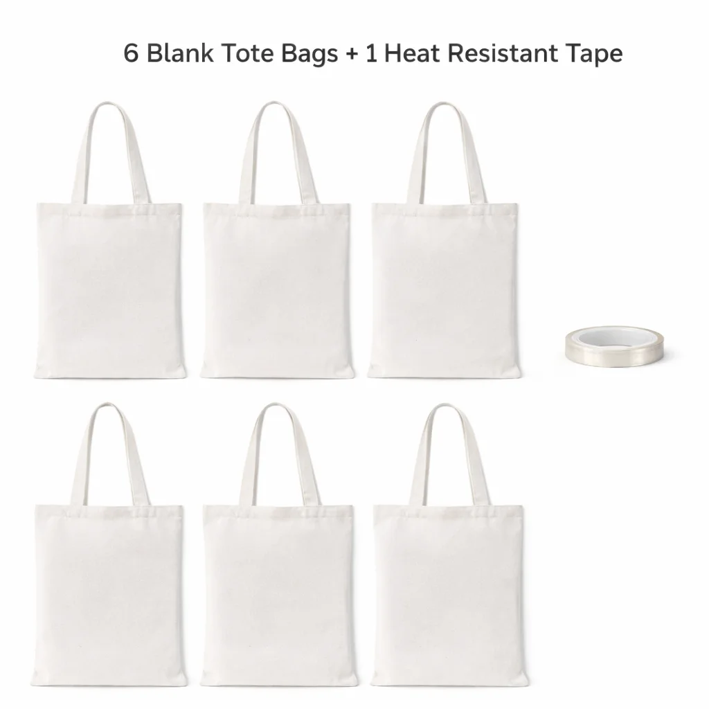 7PCS Sublimation Tote Bags Kit, 6 Blank White Tote Bags (31×36cm) + 1PC 10mm Heat Resistant Tape, Heat Press Accessories