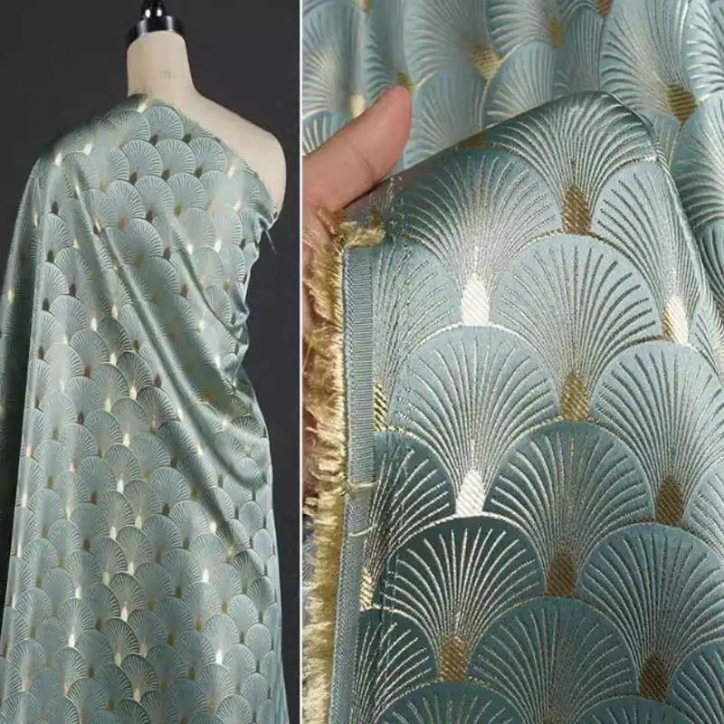 

Парчовая ткань в форме листа гинкго в форме веера — бирюзовый цвет, новый Cheongsam в китайском стиле, куртка и жилет с блестящей золотой тканью