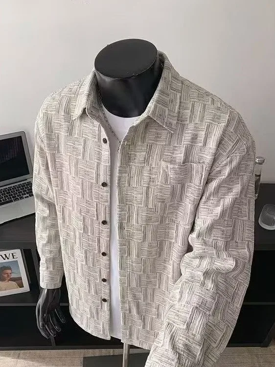 Trendy Plaid Long Sleeve Loose Men's Shirt Casual Style Autumn Spring High Quality Fashionable Top Button up Coat